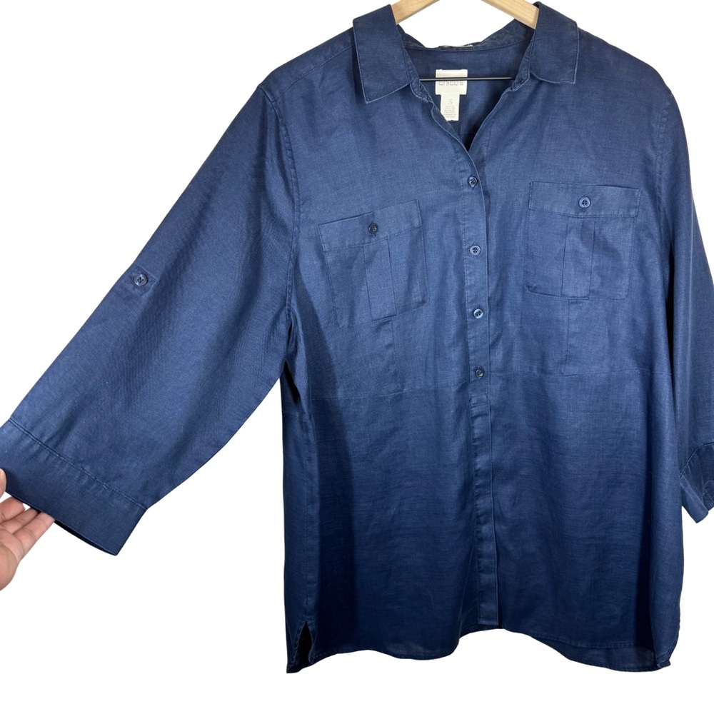 Chico’s 3 Navy Linen Roll Tab Collared Tunic Button Down No Iron Resort Beach - Picture 2 of 9